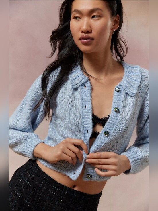 Kimchi Blue Sweaters - Kimchi Blue Mirabell Light Blue Sparkly Knit Cardigan with Ruffle Collar Cropped